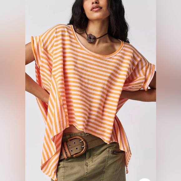 We The Free Tops - We The Free Orange and White Striped Short Sleeve Tee
